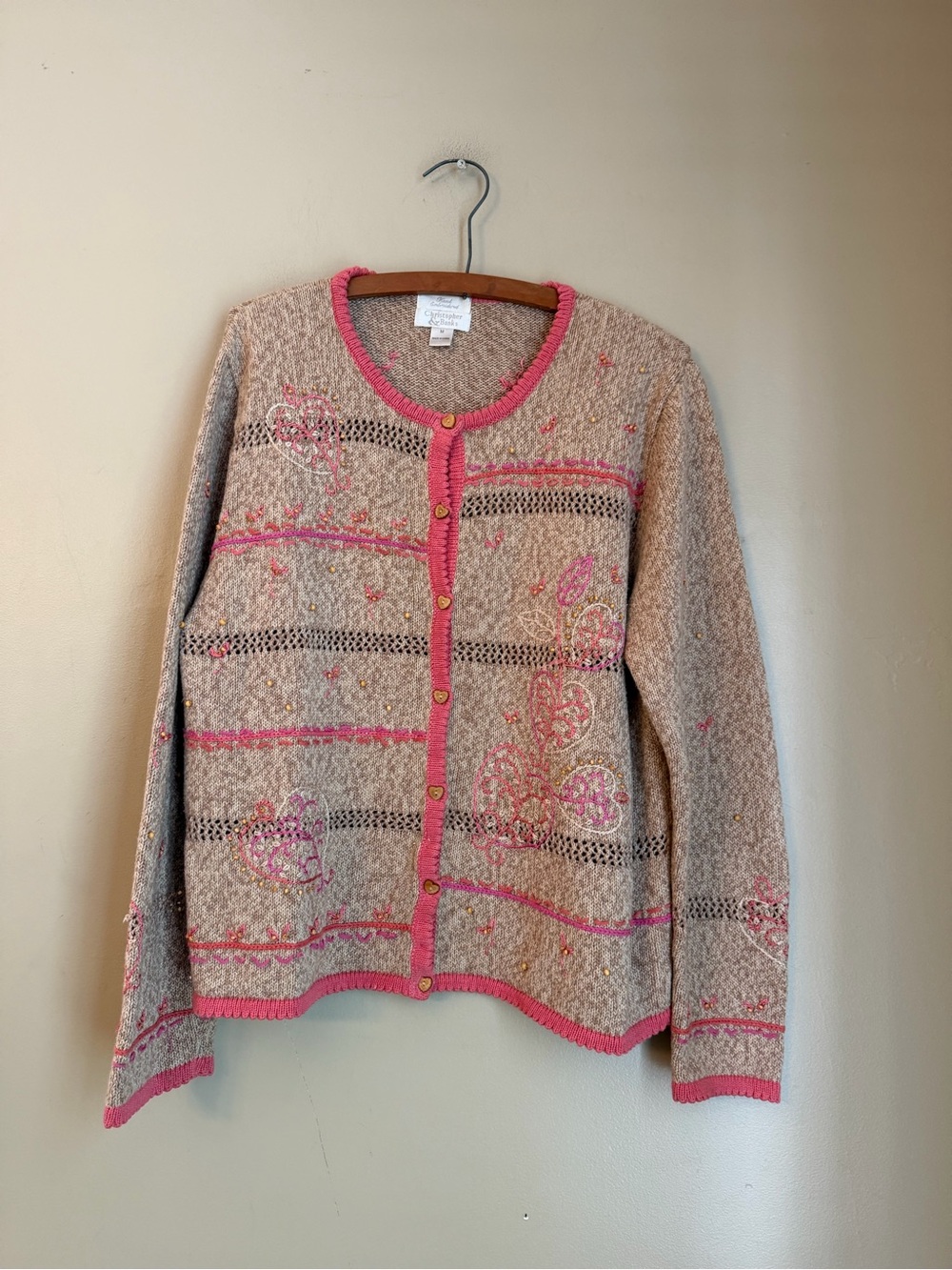 Christopher & Banks Wood Heart Button  Embroidered Cardigan Sweater Pink Tan
